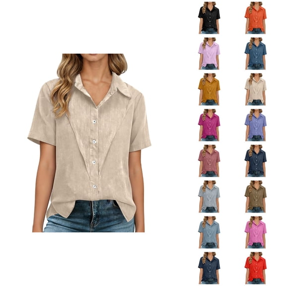 T Shirts for Women 2026 Summer Linen Short Sleeve Button Down Collared Business Casual Office Work Tshirt Blouse