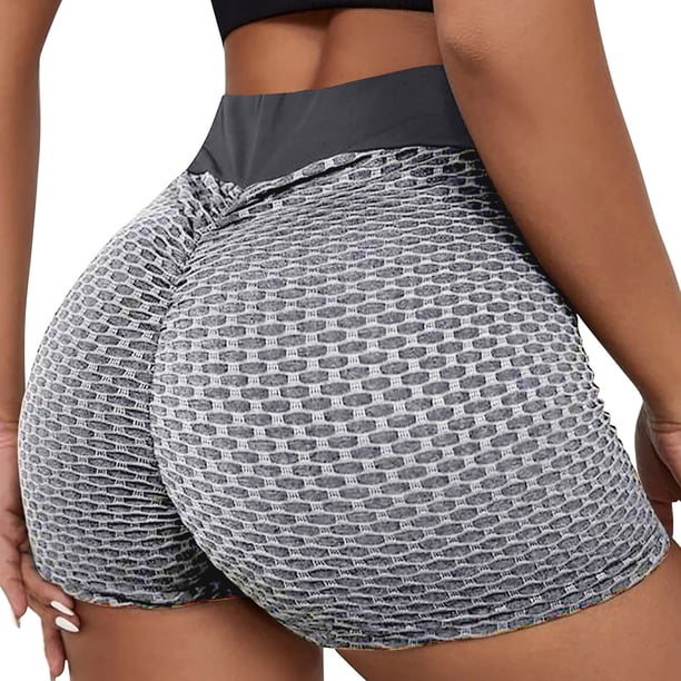 Gibobby Shorts Yoga Pantalones cortos de Yoga con movimiento de cadera y cintura ajustada a la cadera de melocotón de tela de panal de verano para mujer(Gris, XL)
