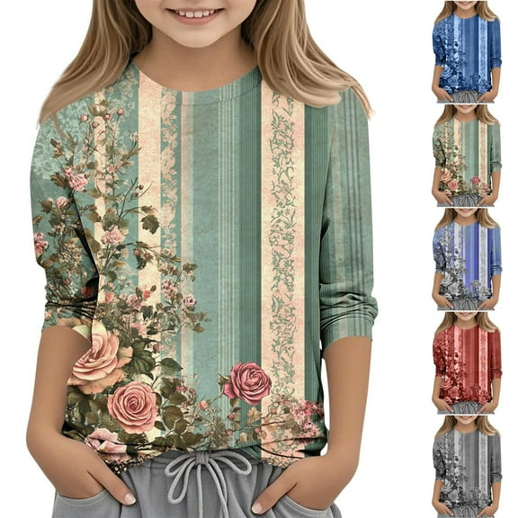 Unisex Kids Spring Tops Round Neck Loose Fit Summer Trendy Shirts Tunic Tops 3/4 Sleeve Floral Pattern Blouses for Girls Dressy Casual Lightweight Basic Tees