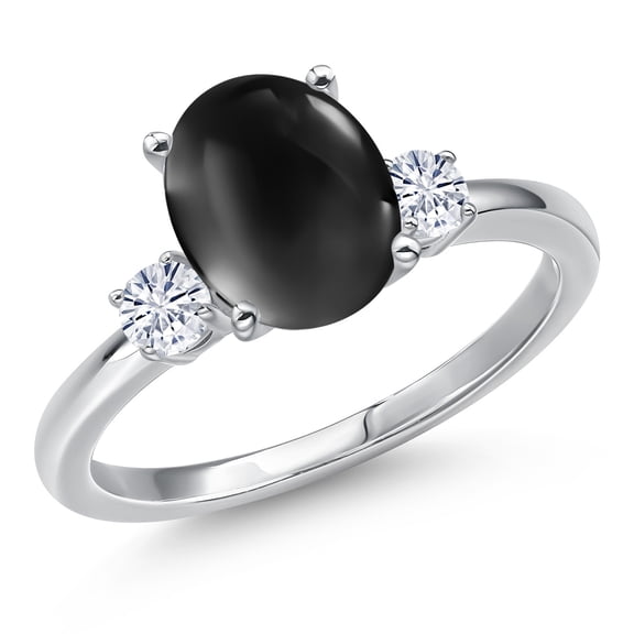 Gem Stone King 14K White Gold Black Onyx and White Moissanite Engagement Ring for Women | 2.80 Cttw | Oval Cabochon 10X8MM | Gemstone December Birthstone | Size 8