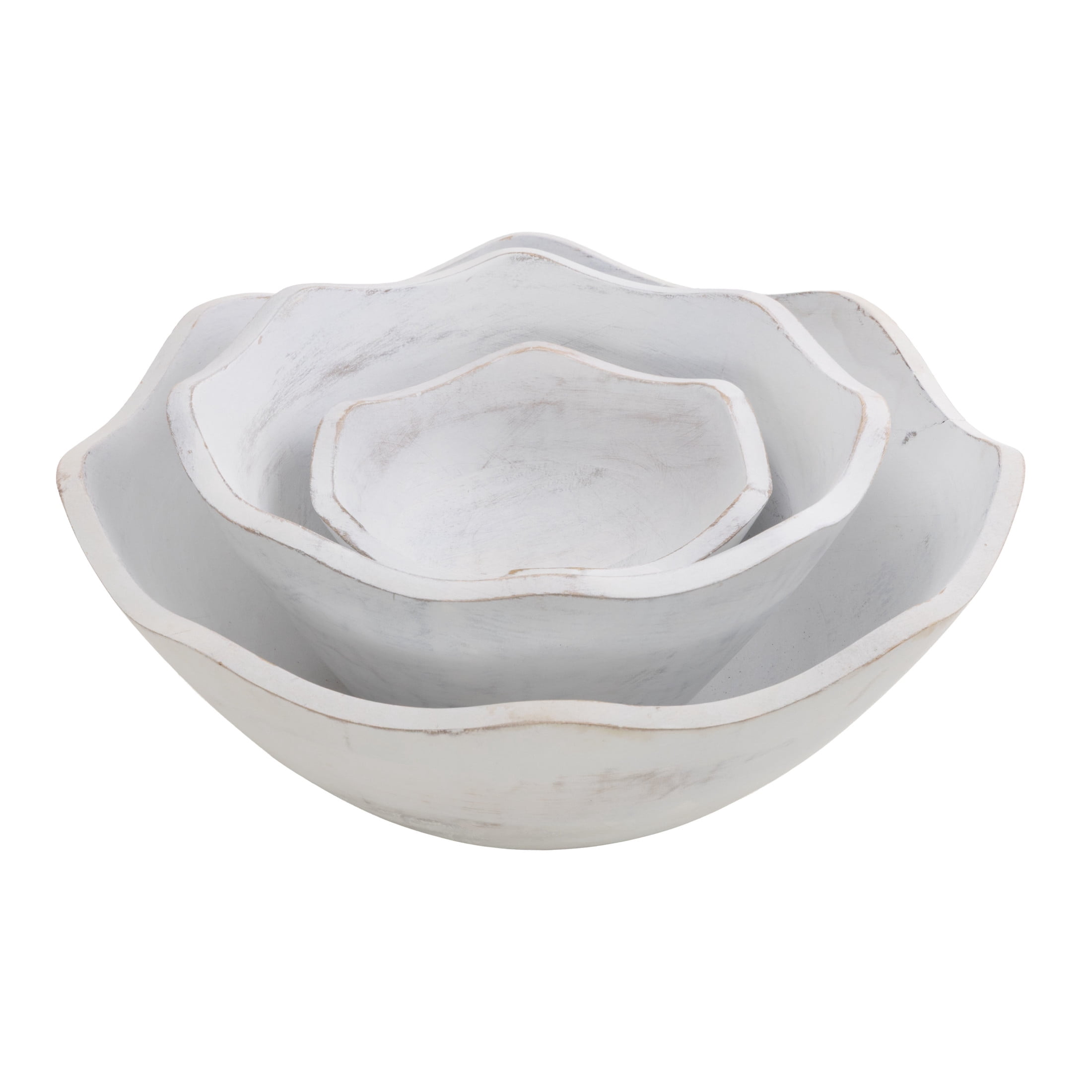 DecMode 12", 9", 6"W Handmade Round Floral White Mango Wood Decorative Bowl, Set of 3