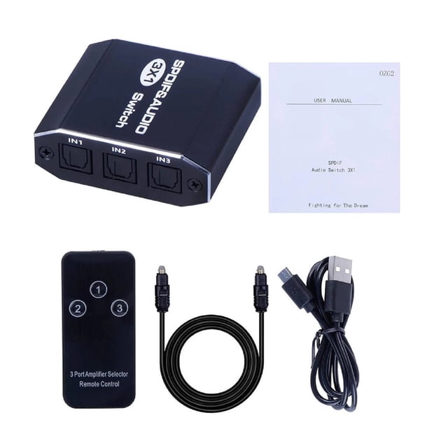 JIAHAOO Interrupteur Audio Optique 3x1 Toslink, SPDIF, Aluminium, Support Dolby/DTS, Télécommande Sélectionnable, Portée 40m, Kit d'Interrupteur Audio