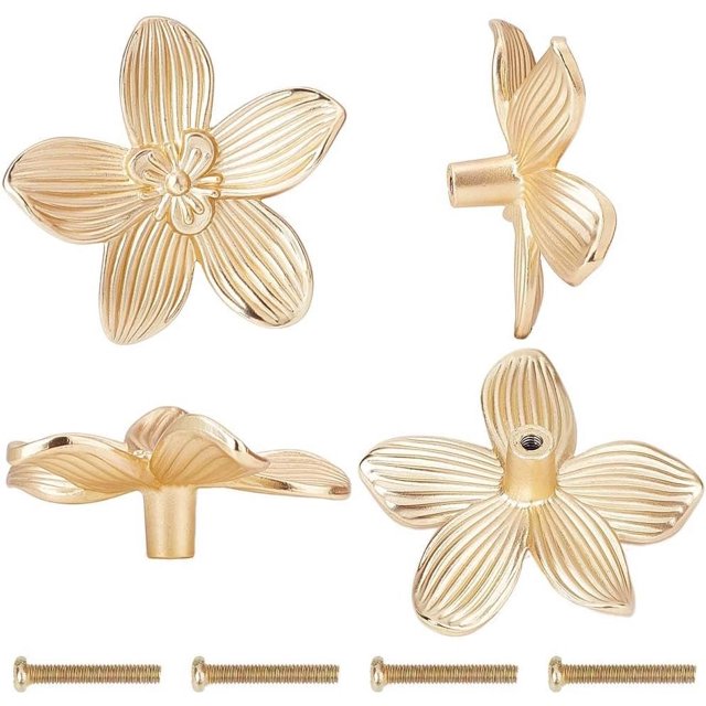 4 pomos de cajón con diseño de flores doradas de aleación de zinc, con diseño creativo de pétalos para armarios de cocina, muebles, armarios, cajones y tiradores con tornillo de hierro.