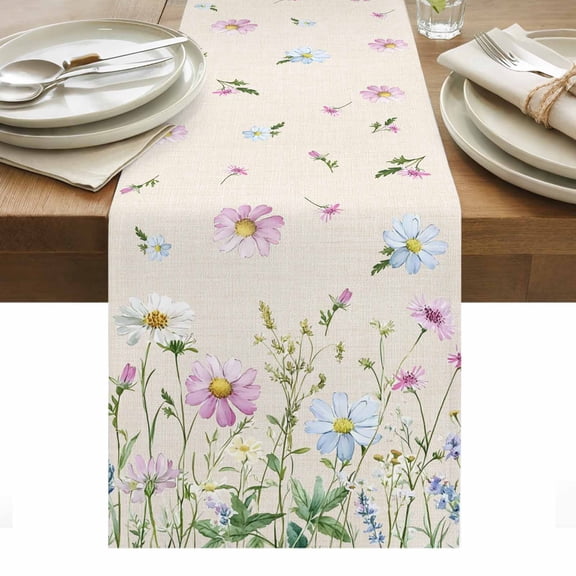 Spring Wildflowers Table Runner - 108 Inch Long, Kitchen Dining Table Runner Dresser Scarves, Watercolor Country Floral on Linen Farmhouse Decor for Coffee Tables Wedding Party Banquet