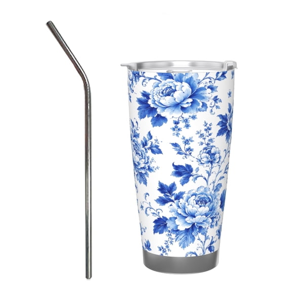 20oz Blue and White Peony Floral Tumbler with Handle and Straw Insulated Travel Coffee Cup Gift with Stainless Steel Straw