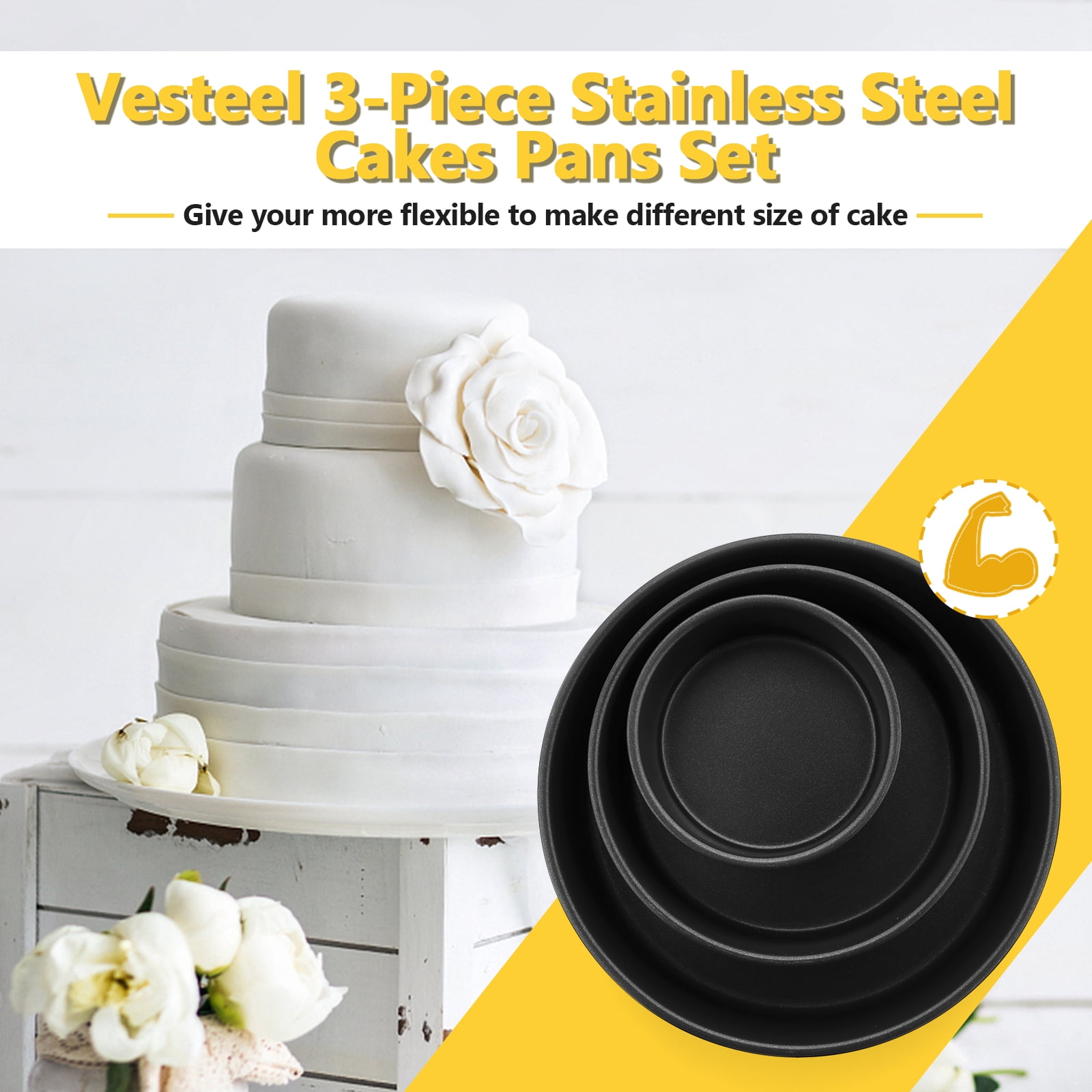 8 inch Cake Pan Set of 3, Vesteel Stainless Steel Round Layer Cake Baking Pans, Non-Toxic & Healthy, Mirror Finish & Dishwasher Safe, Size: 8½ x 2