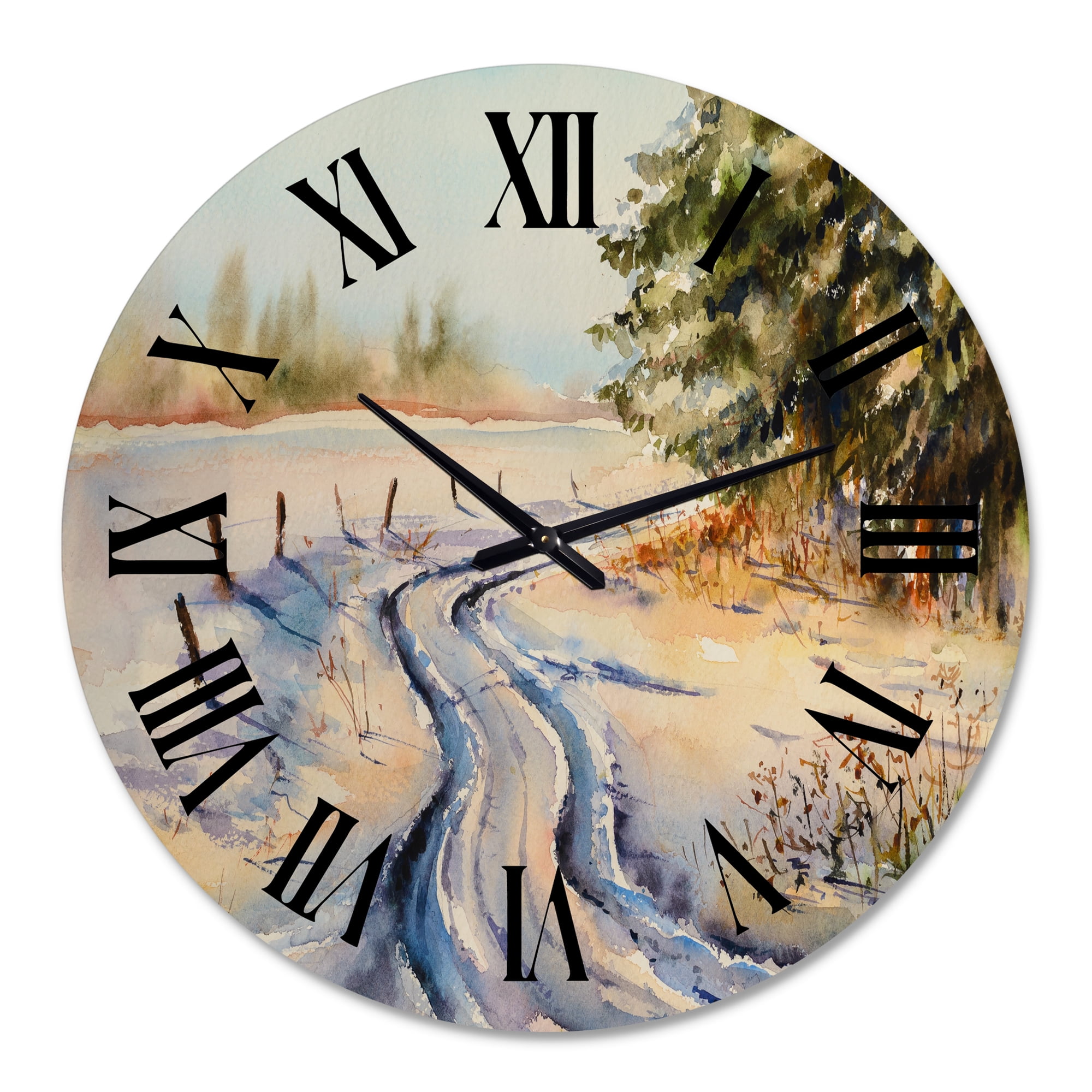 Designart 'Snowy Winter Forest Landscape Country Road In Snow' Traditional Wall Clock