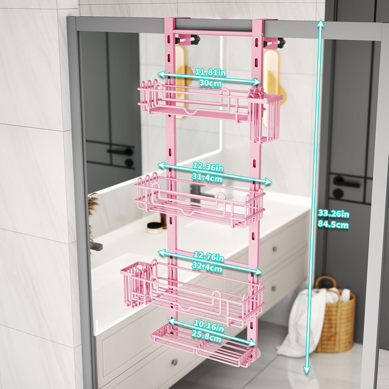Hanging Shower Caddy Organizer - Shower Shelf with 22 Hooks and 2 Toothbrush Holders, No Drilling Adjustable Hanging Bathroom Organizer - Pink