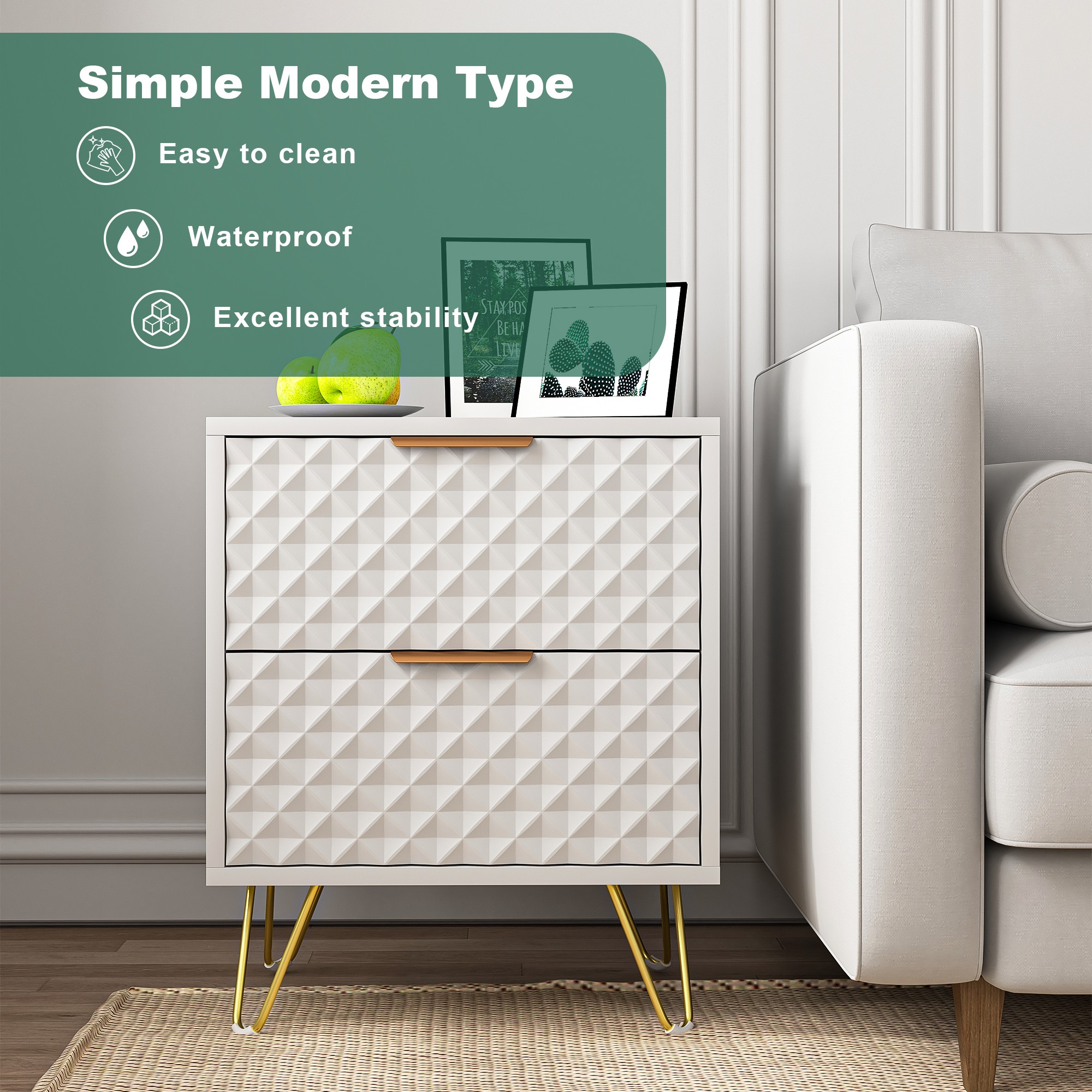 2 Drawer Bedroom Nightstand Set of 2 with Gold Metal Handle and Legs, White Bedside Table