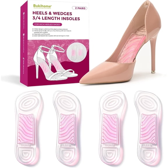 3/4 High Heels Inserts for Women - Bukihome 2 Pairs Gel Arch Support Insoles for Heels, Sandals, Flats, Wedges, Comfort Shoe Pads Relieve & Prevent Foot Discomfort, Shock Absorption (Women's 6-10)