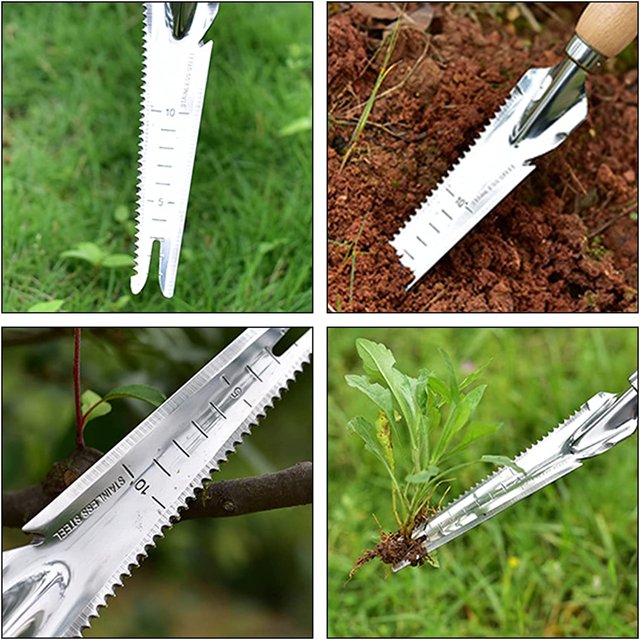 Herramientas para deshierbar en el jardín, cuchillo para desmalezar y excavar con muesca de corte, con mango de madera para desmalezar, cultivar, trasplantar, excavar, medir
