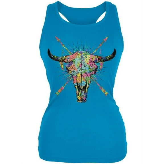 Splatter Cow Skull Pale Blue Juniors Soft Tank Top