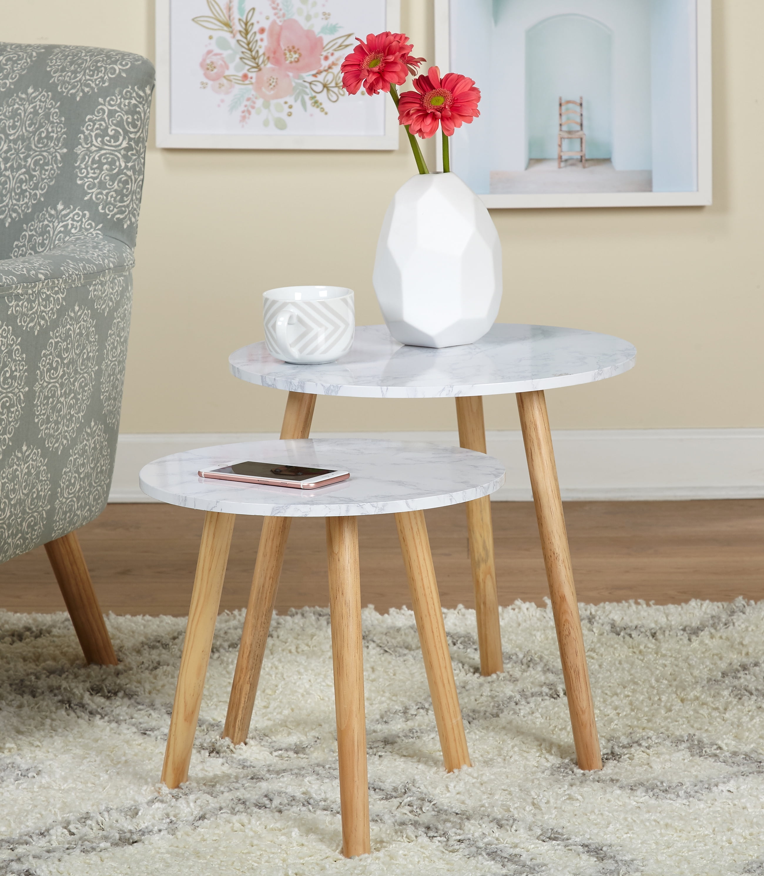 angelo isHome Darcy Modern Round Nesting End Tables, Set of 2, Natural/White Faux Marble