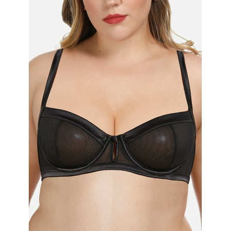 Deyllo Balconette Lace Bra Plus Size Non-Padded Underwired Support Unlined Mesh half Cup Demi See Through Bras Black 40D