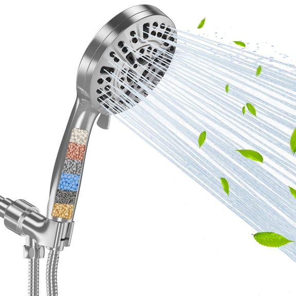 Cshidworld Filtered Shower Head with Handheld, High Pressure 8 Spray Mode Showerhead with Filters Beads for Hard Water - Remove Chlorine, Built-in Power Wash to Clean Tub Tile & Pets, Chrome