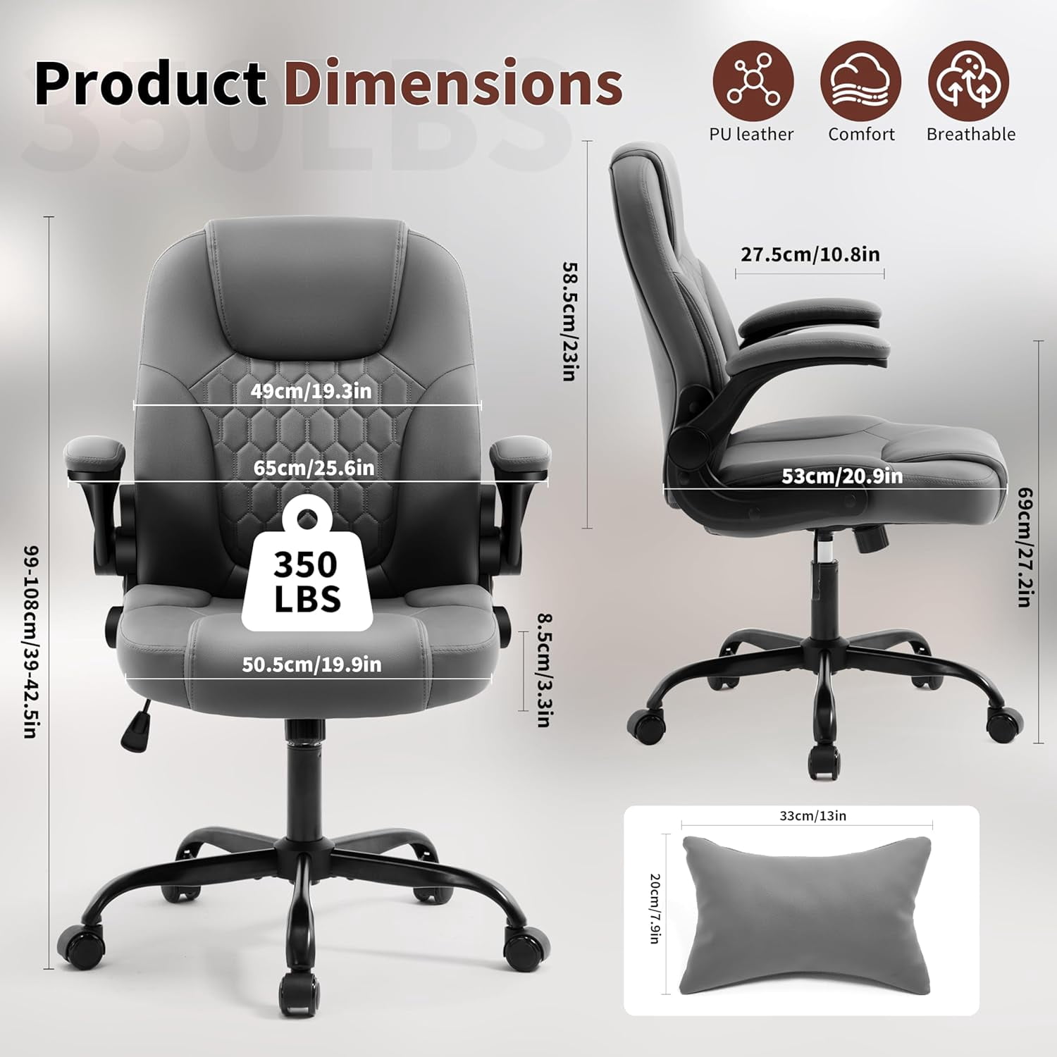 Nexthro Executive Office Chair PU,Leather Office Chair with Wheels,360° Swivel Rolling Chair with Padded Arms,Ergonomic Computer Chair with Lumbar Support for Short People Use(Gray)
