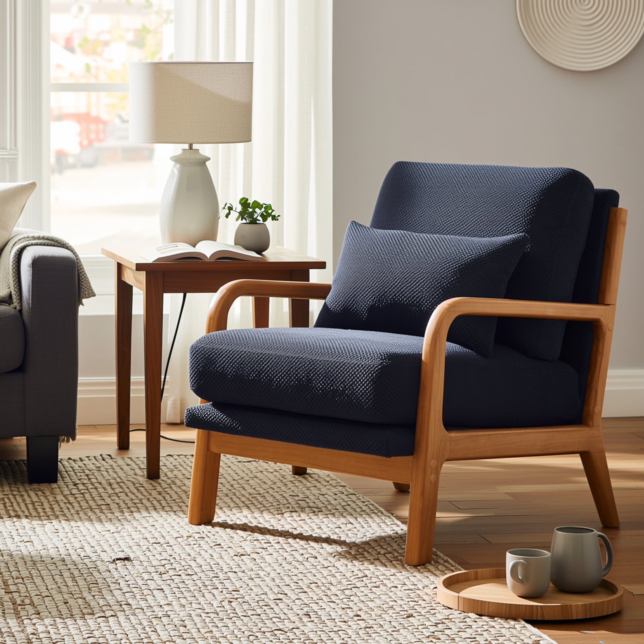 Homy Casa Modern Accent Armchair, Textured Fabric Lounge Chair with Wood Frame and Pillow, Black