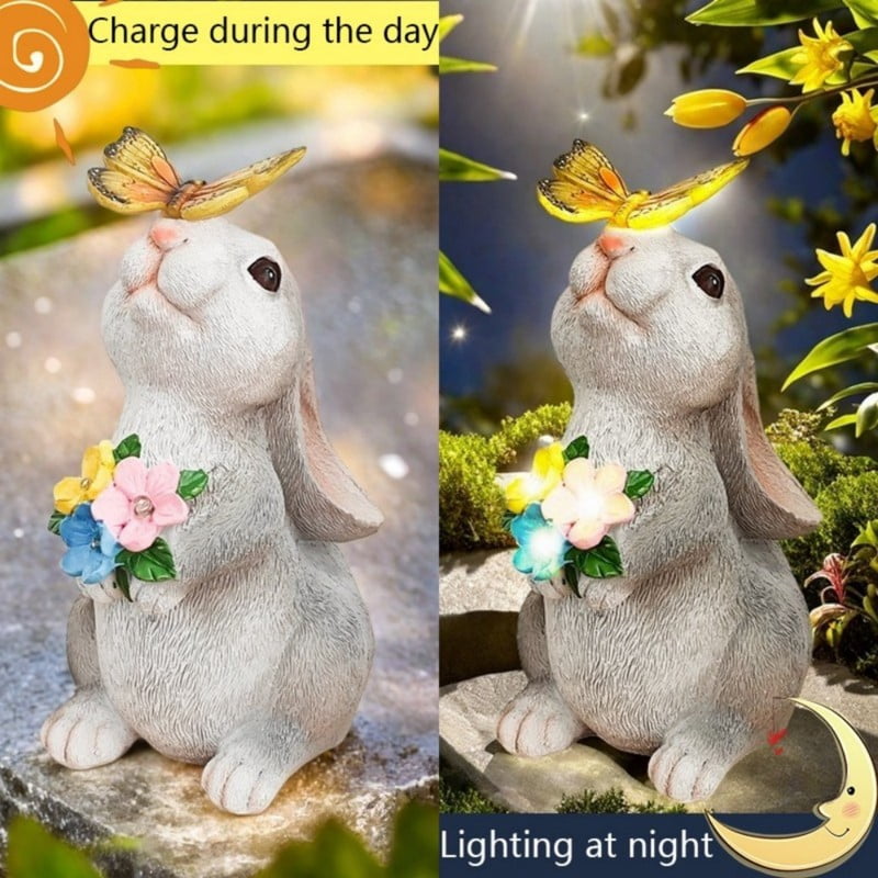 1pc solar-powered outdoor decorative rabbit statue with butterfly lights, adding the perfect touch to garden decor