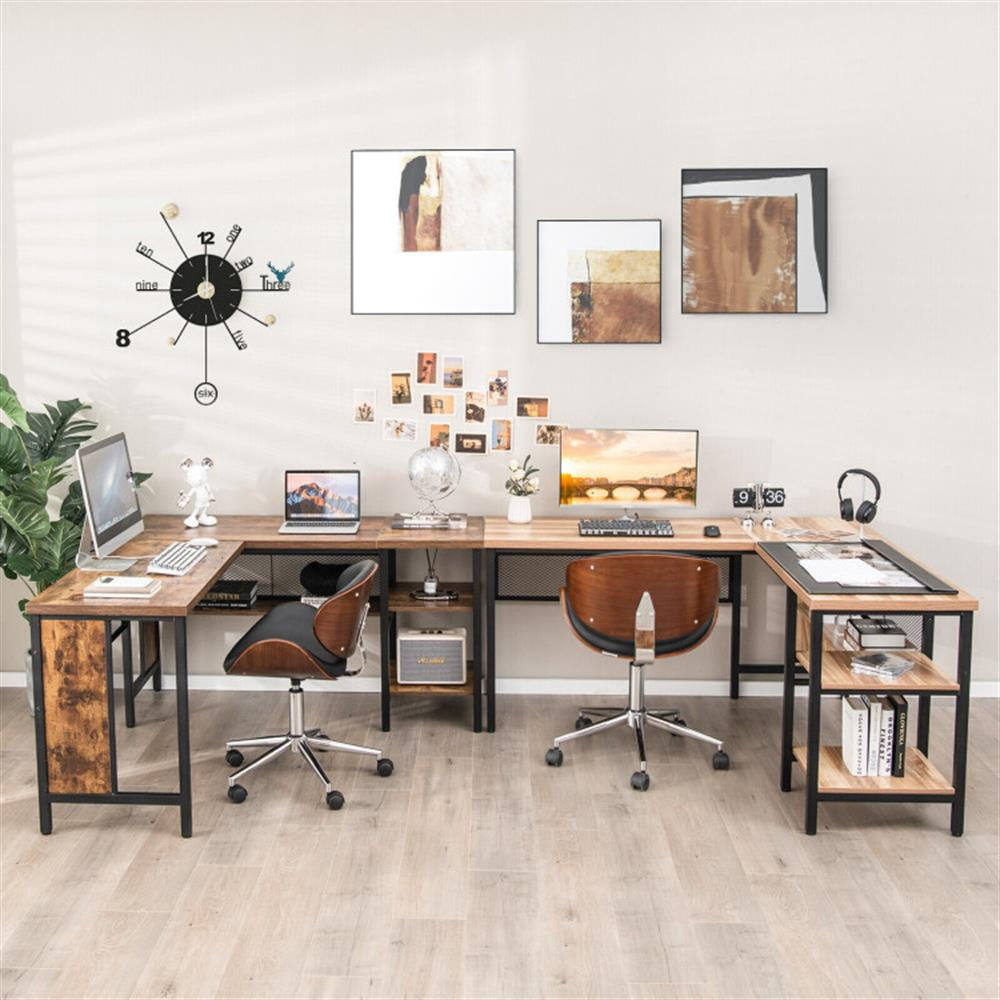 Demi Bonn Industrial L-Shaped Corner Computer Desk Office Workstation with Storage Shelves, Small Home Office Desk Study Writing Table, Brown