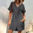 thumbnail image 5 of Women's V Neck Cotton Linen Jumpsuit with Pocket, Short Sleeve Back Zipper Romper, Casual Summer Jumpsuit for Beach Vacation, Streetwear and Daily Wear-Dark Gray, 5 of 10