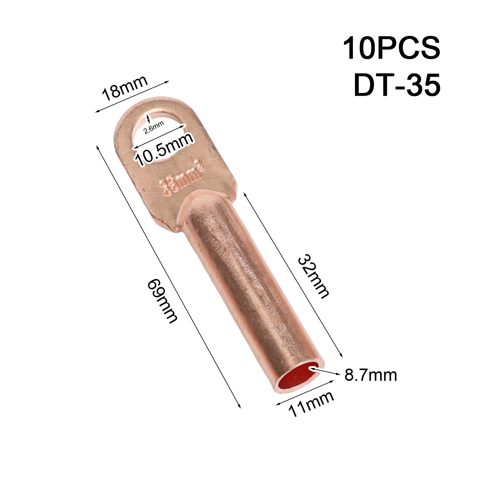 10PCS DT-10/16/25/35mm2 Wire Crimp Connector Auto Cable Copper Crimp Terminal