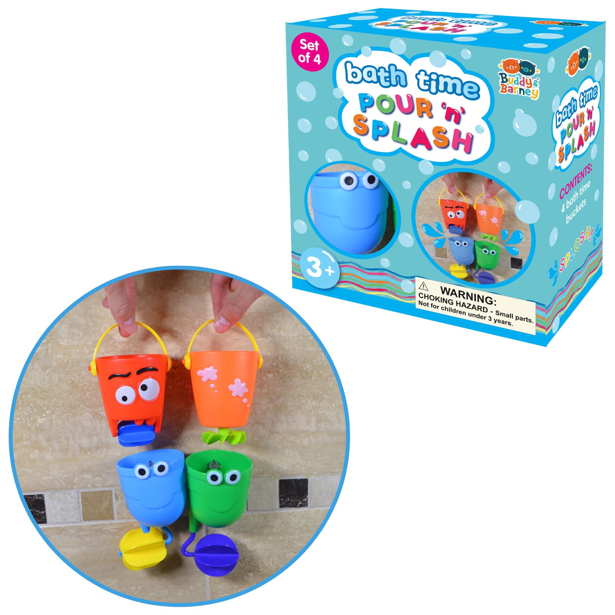 Buddy & Barney: Bath Time - Pour 'n Splash - 4 Colorful Character Water Bucket Toys, Pour-Tip-Spin, Interactive Sensory Exploration Tub Play, Kids 3+