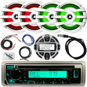 Kenwood KMR-D378BT Single DIN Marine/Motorsports Bluetooth SiriusXM Ready CD Player Receiver, Remote Control, 2 Pairs (QTY 4) of 6.75" 2-Way 260 Watts Max White LED Speakers, Wiring Kit, Antenna