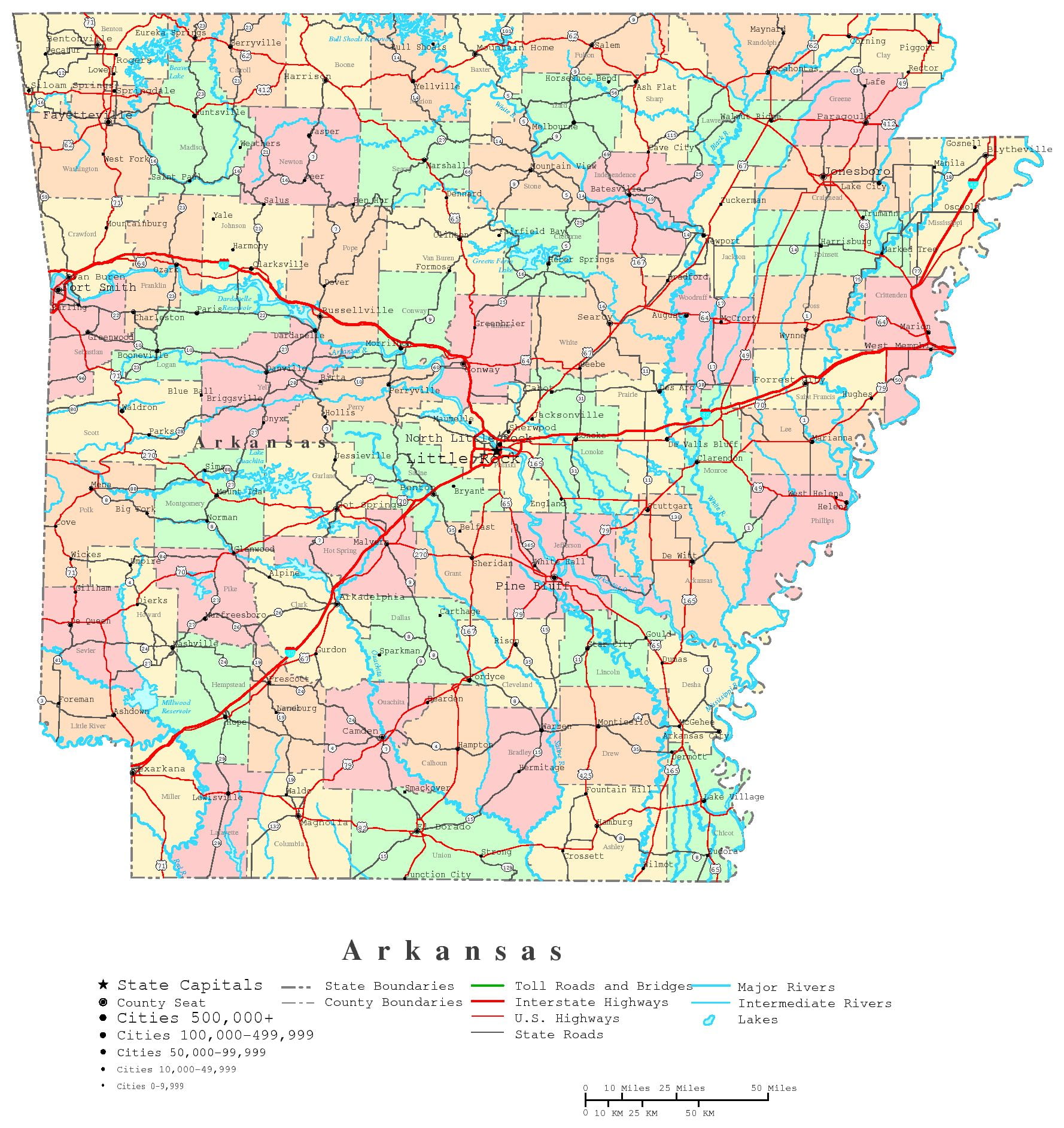 Laminated Map - Printable color Map of Arkansas Poster 20 x 30