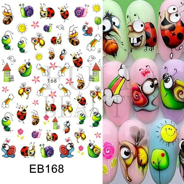 Pegatina para uñas de dibujos animados de hormiga, abeja, mariquita, planta suculenta, pegatinas de manicura deslizantes de arco iris, decoración de uñas de primavera y verano LEEB168