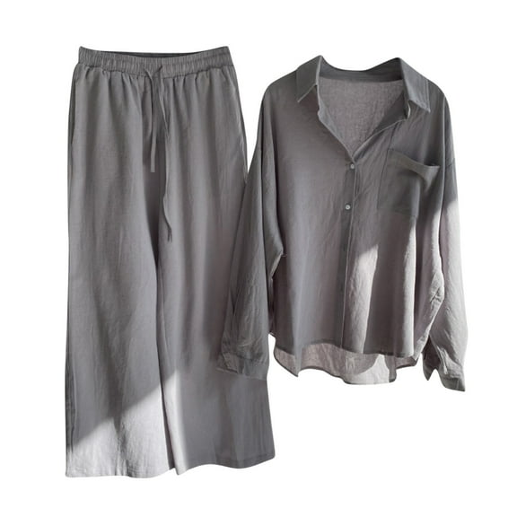 Fall Linen Sets for Women 2 Piece Outfit Dressy Casual Long Sleeve Button down Shirt Wide Leg Pants Suit Loungewear
