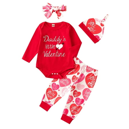 

Sunisery Valentine s Day Toddler Baby Girls Clothes Sets Letter Print Long Sleeves Romper Casual Pants Headband Hat Outfits Red 12-18 Months