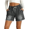 thumbnail image 2 of Women Drawstring Elastic Waist Denim Shorts, Loose Straight Fit Frayed Raw Hem Casual Jean Shorts 02-Gray M, 2 of 5
