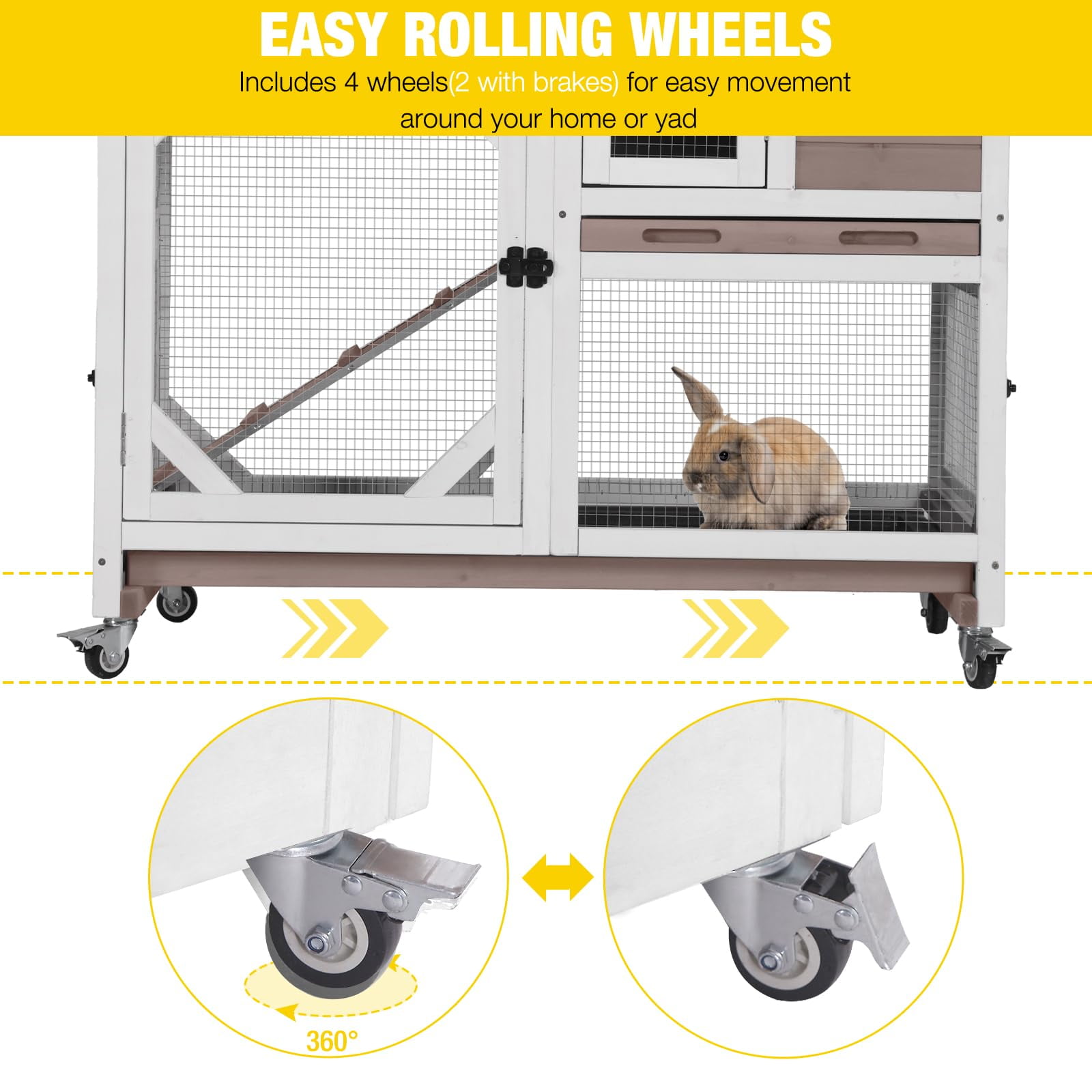 Aivituvin Rabbit Cage Indoor Outdoor Bunny Hutch on Wheels, 2 Story Wood Guinea Pig Cages with 2 Deeper Pull Out Trays
