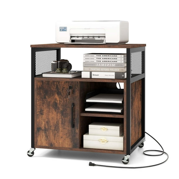Costway File Cabinet on Wheels with Charging Station & Cable Management Hole Shelves Brown