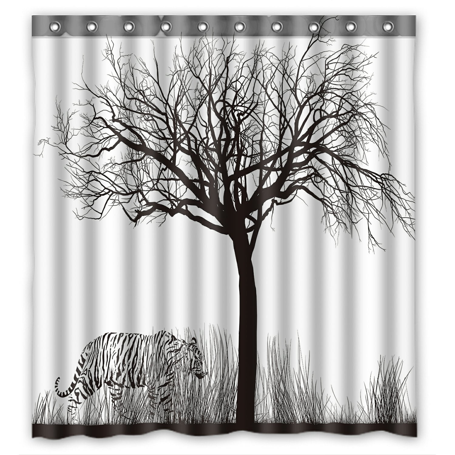 PHFZK Black and White Tree Shower Curtain, Tiger in Tall Dry Grass