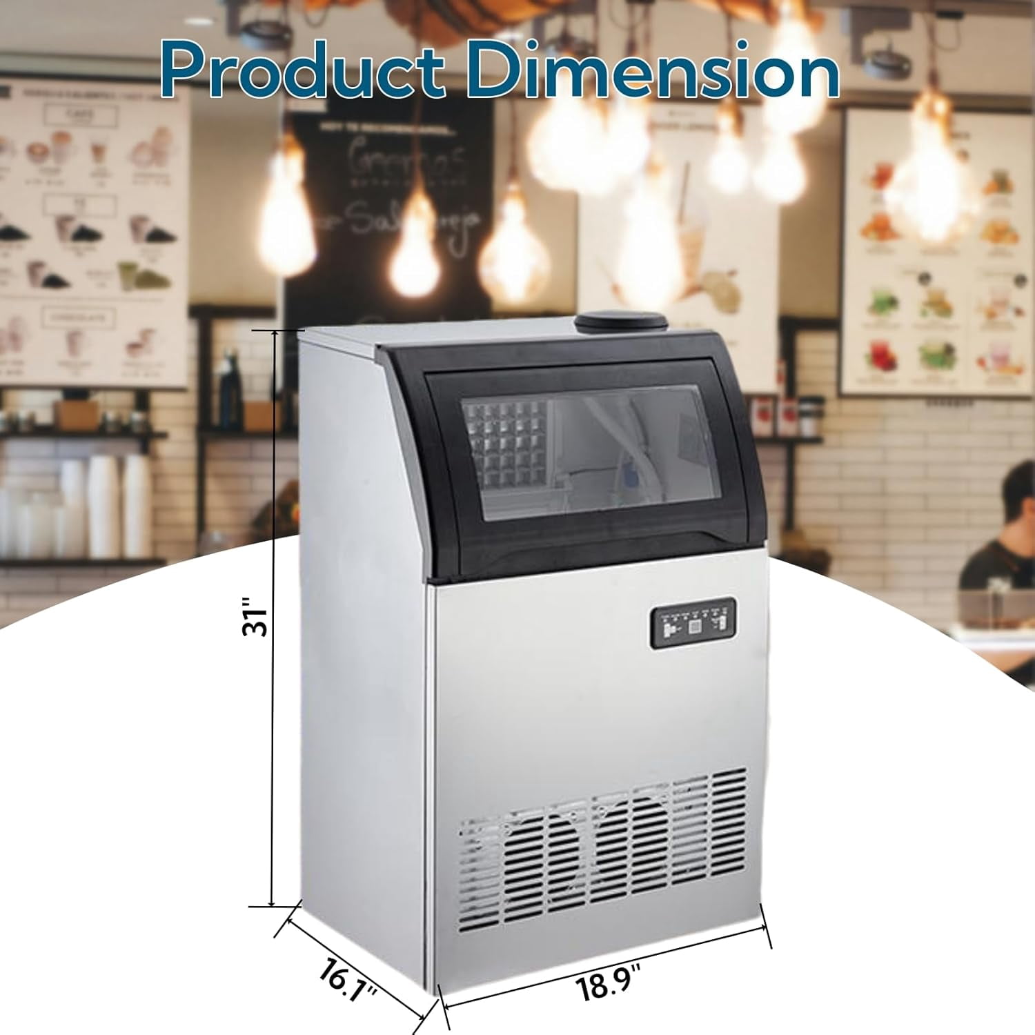 Commercial Ice Maker 100 Lbs/24H, Stainless Steel Freestanding Under Counter Ice Machine with 33 Lbs Ice Storage, 2 Water Inlet Modes, for Bar Home Office Restaurant RV