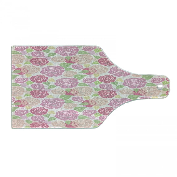Rose Cutting Board, Graphic Image of Romantic Flower Silhouettes with Polka Dots Top View, Decorative Tempered Glass Cutting and Serving Board, in 3 Sizes, by Ambesonne