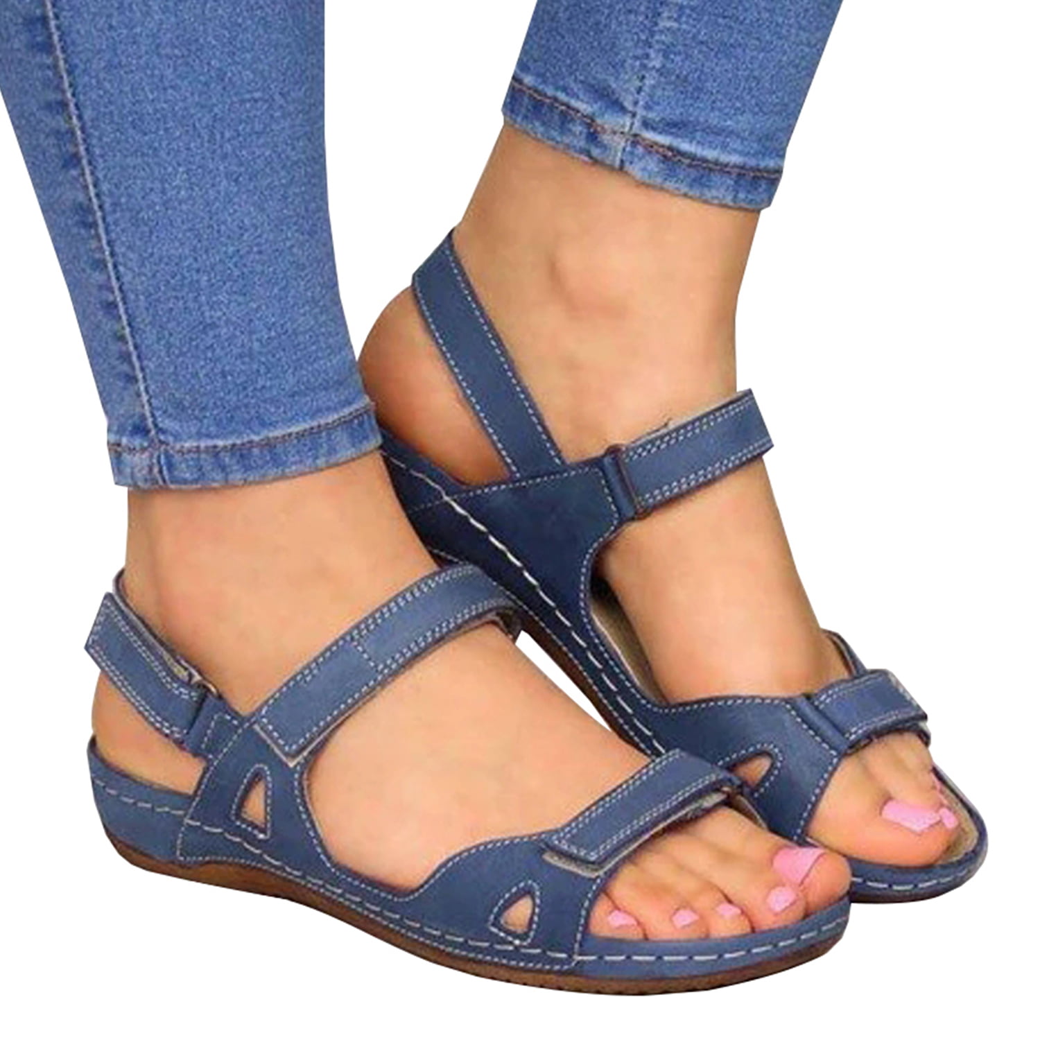 PU Leather Soft Sandals for Plantar Beach Flip Flops Toe Post Sandal Women Comfy Platform Sandal Shoes Summer Beach Travel Shoes Ladies Orthotic Sandals with Arch Support