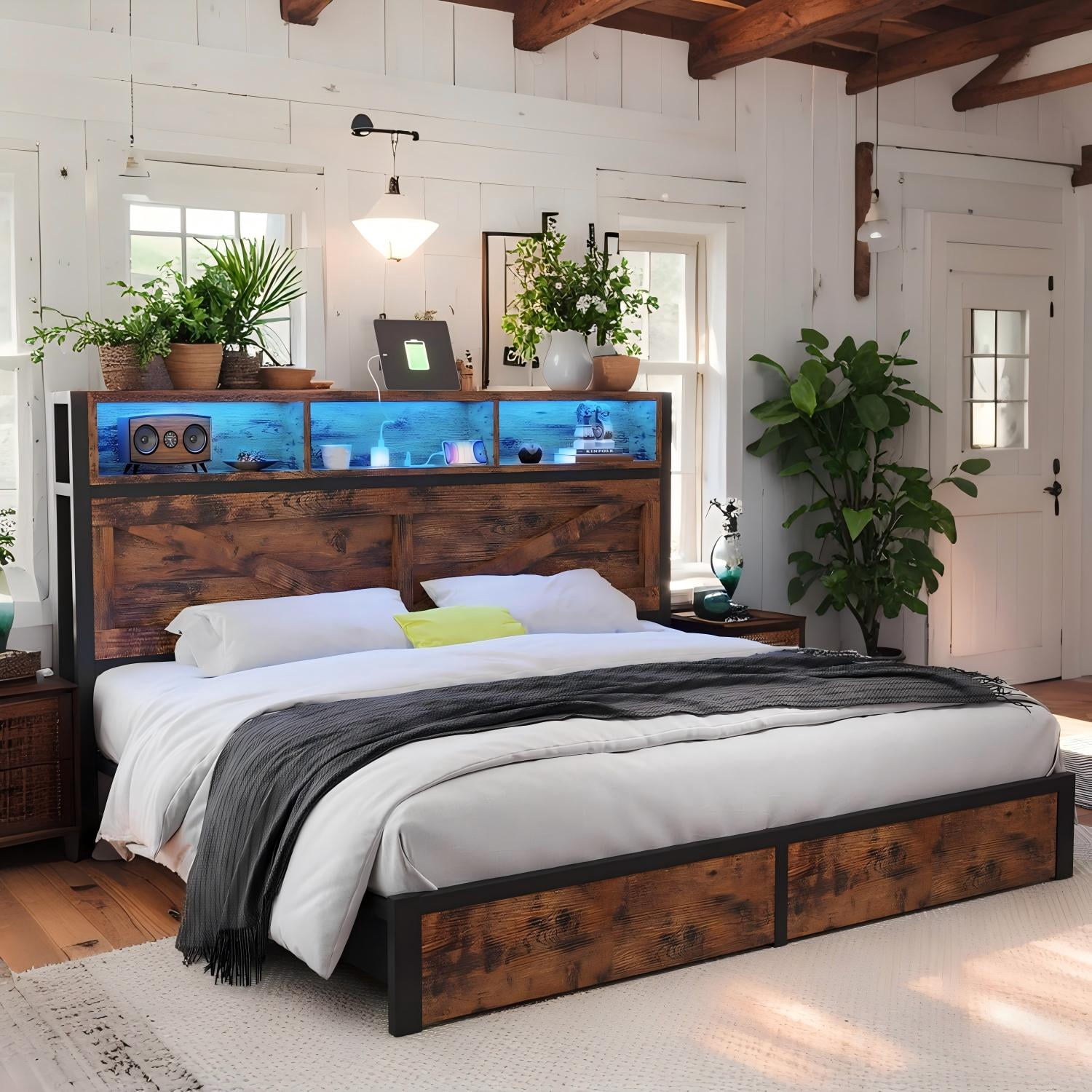 NHIXSOM Farmhouse King Bed Frame with LED Headboard, Charging Station and Storage Drawers, Farmhouse Style, Easy Assembly, Brown