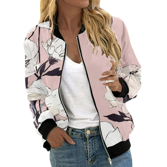 Womens Casual Daily Jackets Lightweight Zip Up Casual Jacket Floral Print Coat Stand Collar Short Sports Outwear Zipper Tops