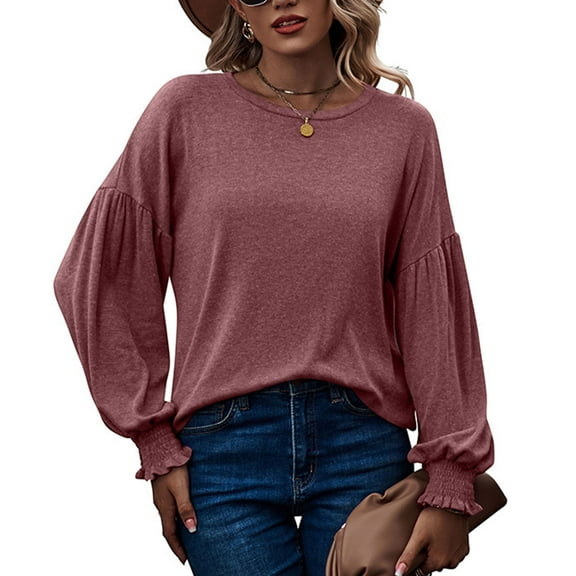 Women Round Neck T Shirt Lantern Long Sleeves Shirred Cuff Loose Fitting Casual Blouses Wine Red L