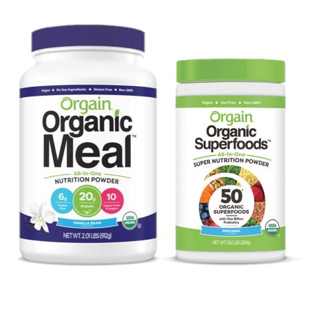 Orgain - Organic Vegan Green Superfoods Powder with Antioxidants & 1 Billion Probiotics - Original (0.62 LB) + Meal Replacement Powder - Vanilla Bean (2.01 LB)