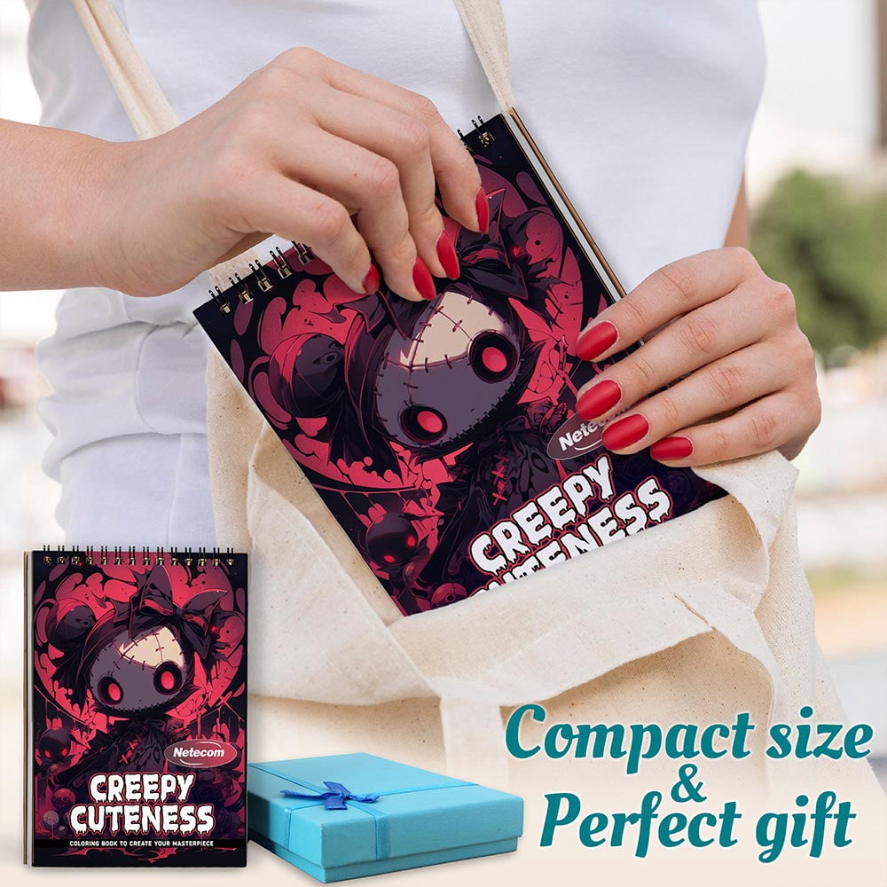 Netecom Creepy Cuteness Coloring Book Spiral Bound For Adults, A5 Wooden Cover, 30 Whimsical Coloring Pages of Adorably Spooky Creatures for Stress Relief and Relaxation