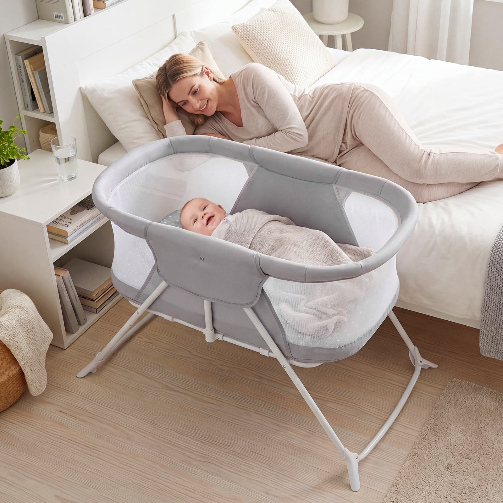 Costway 2 in 1 Baby Bassinet with Rocking Motion with Breathable Mesh Gray