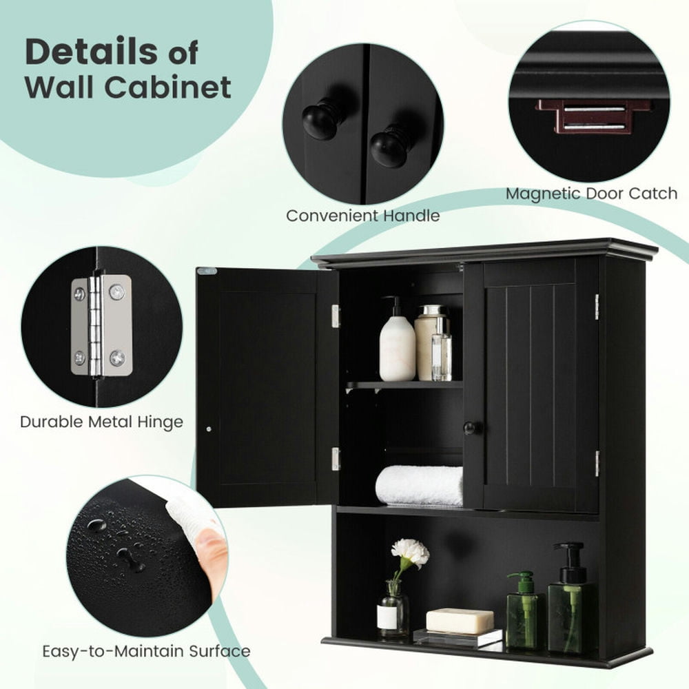 Finihen Wall Cabinet, Wall Mounted Bathroom Cabinet, Medicine Cabinet, 2-Door Wall Mount Bathroom Storage Cabinet with Open Shelf, for Kitchen Entryway Bathroom, Black