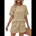 thumbnail image 2 of Conjunto de Dos Piezas de Pantalones Cortos A Juego para Mujer, de Punto, con Bolsillos, Cuello Redondo, Corta y Verano. Caqui S, 2 of 10