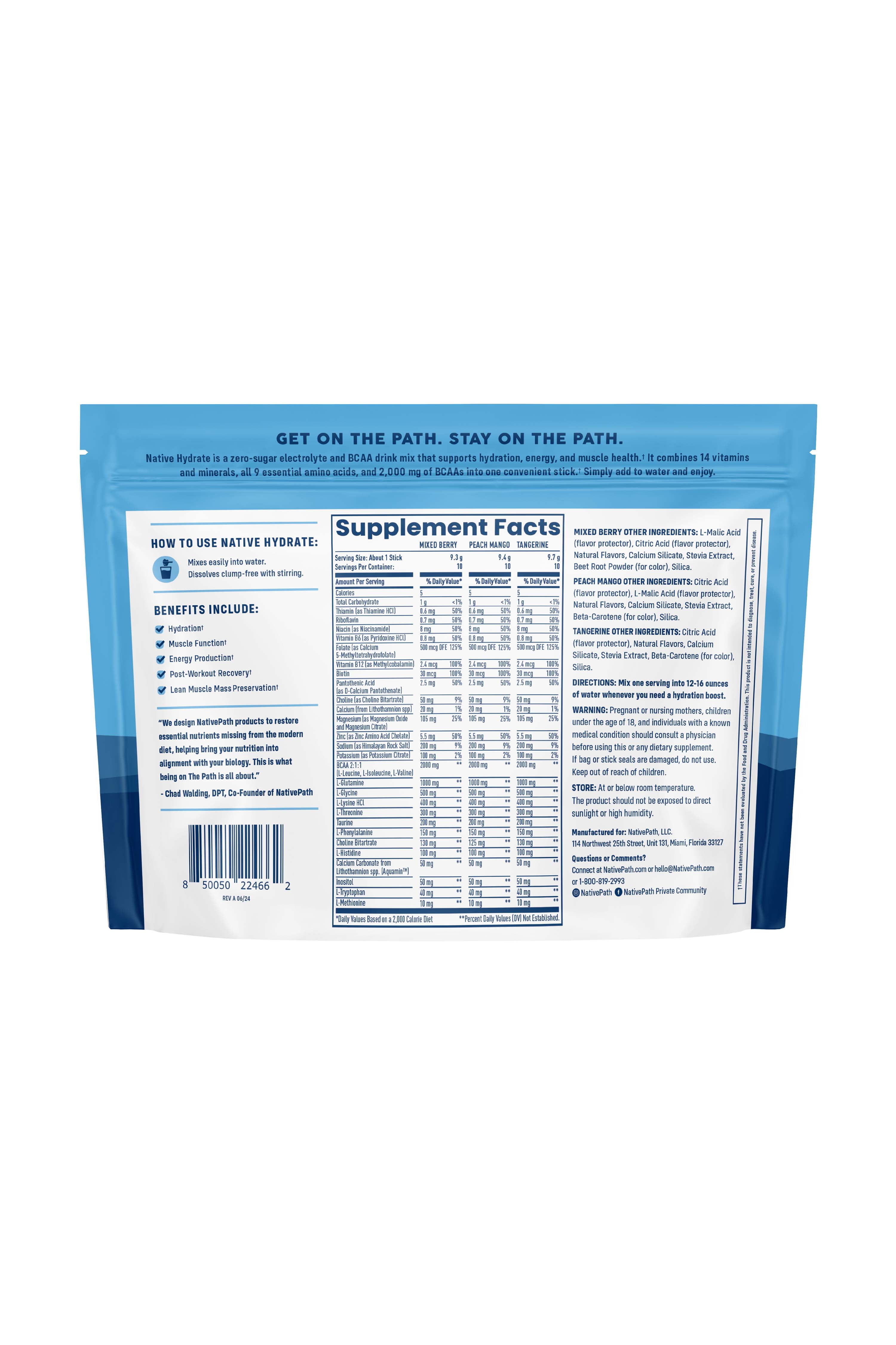 NativePath Hydrate Electrolyte Stick Packs Variety Pack, Zero Sugar with BCAAs, 30 Count