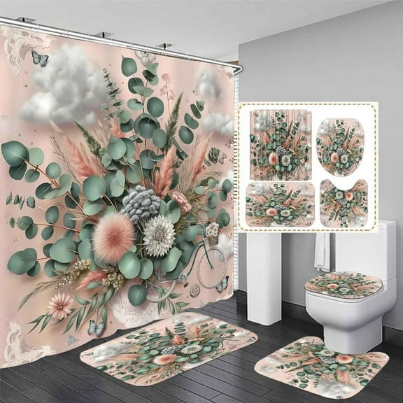 4Pcs Blue and White Shower Curtain Sets Modern Bathroom Sets with Shower Curtain and Rugs and Accessories Luxury Bathroom Decor Sets with 12 Hooks Blue Shower Curtains for Bathroom