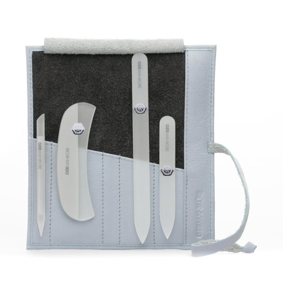 GERMANIKURE Crystal Glass Nail File Set in Light Blue Leather Case – Handmade in Czech Republic – Professional Manicure & Pedicure Supplies – Glass Cuticle Stick, Pusher, Callous Remover