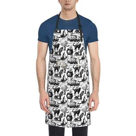 

Xecao Black White Halloween Print Kitchen Cooking Aprons Waterproof Adjustable Bib Aprons with 2 Pockets for Women Men Chef